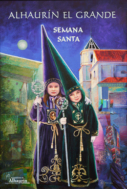 Cartel de Semana Santa. Representaa dos nios de nazareno verde y morado.